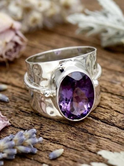 Oval Amethyst Sterling Silver Hammered Band Ring, Boho Statement Jewelry