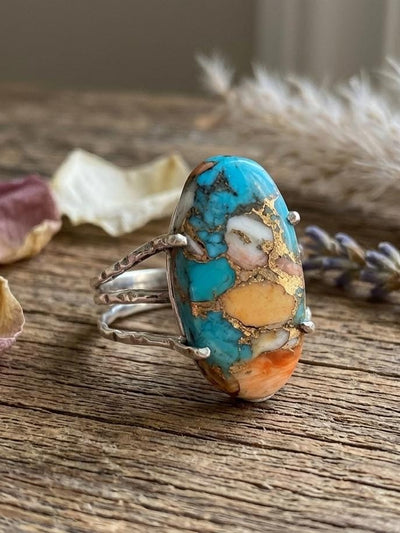 Oyster Turquoise Sterling Silver Ring, Oval Prong Setting Southwestern Statement Piece