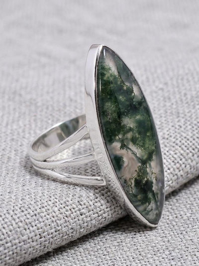 Marquise Moss Agate Sterling Silver Ring, Boho Statement Gemstone Jewelry