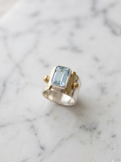 Blue Topaz Emerald Cut Spinner Ring, Two-Tone Sterling Silver Wide Band