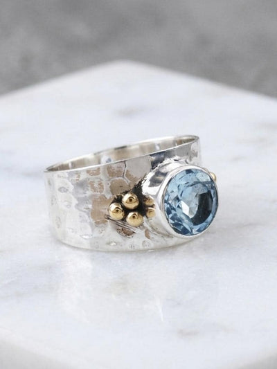 Hammered Sterling Silver Blue Topaz Ring, Gold Accents, Wide Band Statement Jewelry