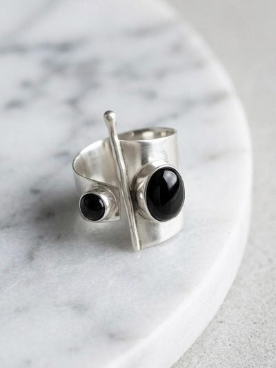 Handmade Silver Open Ring, Black Onyx Stone, Adjustable Statement, Modern Geometric Jewelry