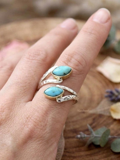 Adjustable Mohave Turquoise Marquise Ring, Sterling Silver Hammered Band, Boho Jewelry
