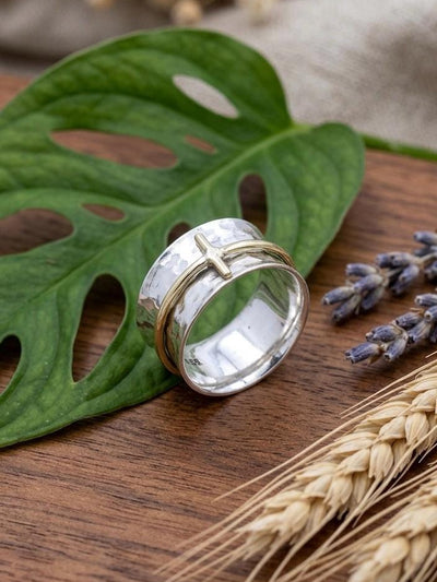 Hammered Sterling Silver Cross Ring, Wide Band Statement, Minimalist Religious Jewelry