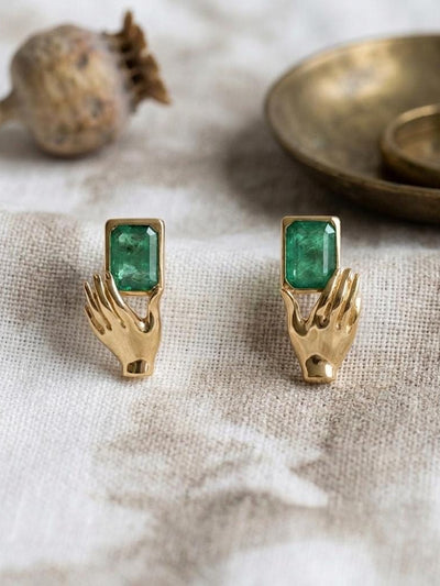 Gold Hand Earrings, Emerald Cut Green Stone Studs, Victorian Jewel Jewelry, Antique Inspired