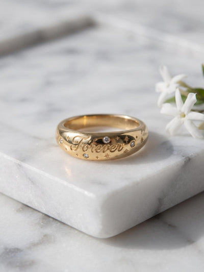 Gold "Forever" Celestial Ring, Engraved Stars, Flush-Set Stones, Wedding Band