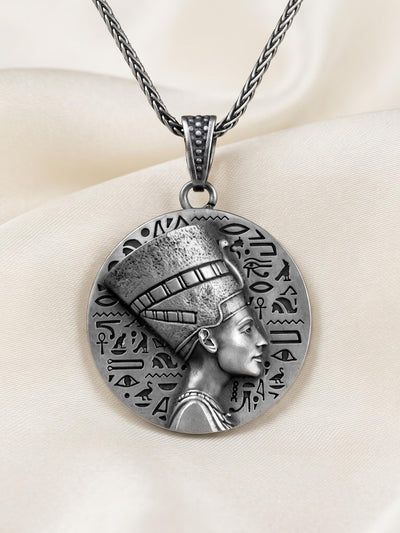 Handmade Sterling Silver Nefertiti Pendant Necklace, Ancient Egyptian Hieroglyphics Amulet
