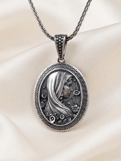 Antique Sterling Silver Goddess Pendant Necklace, Oxidized Indian Jewelry, Spiritual Gift