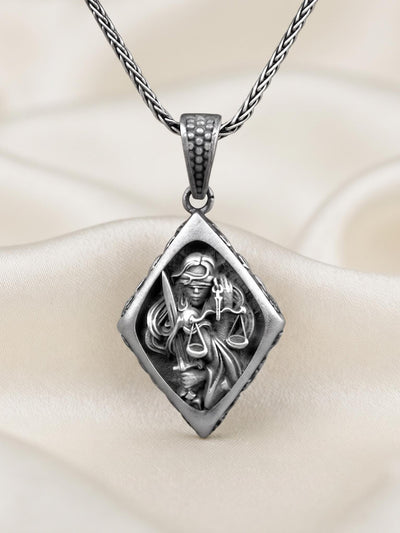 Sterling Silver Lady Justice Necklace, Oxidized Themis Scales Jewelry, Law Graduation Gift