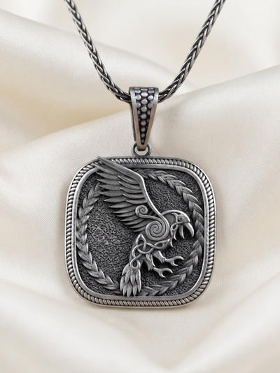 Oxidized Sterling Silver Viking Raven Pendant, Norse Mythology Necklace, Celtic Knotwork Amulet