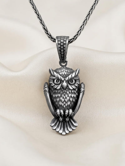 Sterling Silver Owl Pendant Necklace, Detailed Gothic Bird Charm, Gift for Him