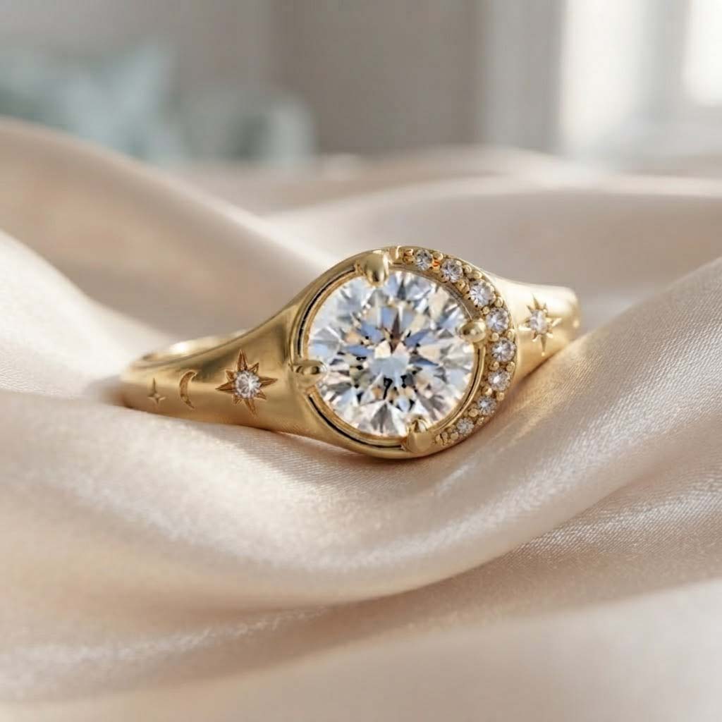 Elegant Gold Halo Ring with Round-Cut Sparkling Center Stone Luxury Gold Halo Ring with Starburst Details