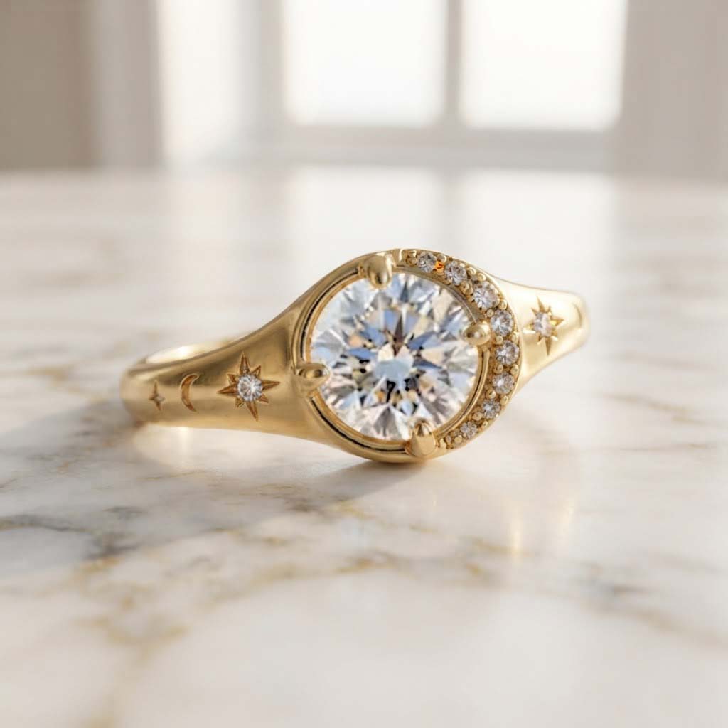 Elegant Gold Halo Ring with Round-Cut Sparkling Center Stone Luxury Gold Halo Ring with Starburst Details