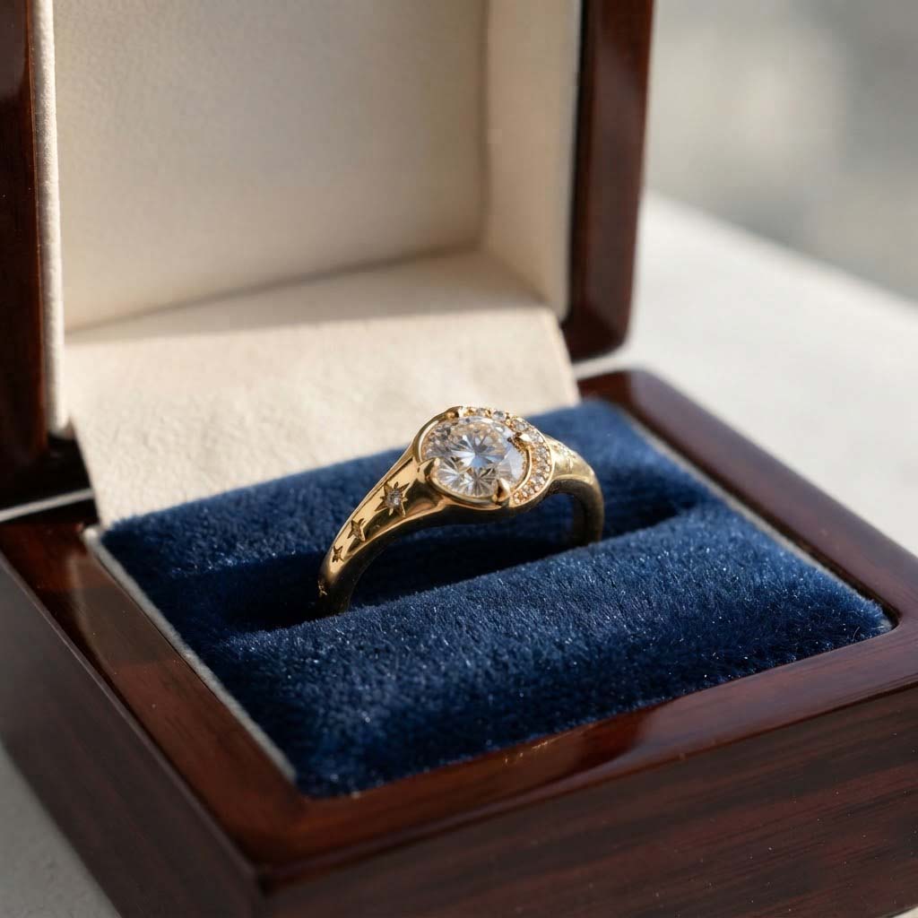 Elegant Gold Halo Ring with Round-Cut Sparkling Center Stone Luxury Gold Halo Ring with Starburst Details