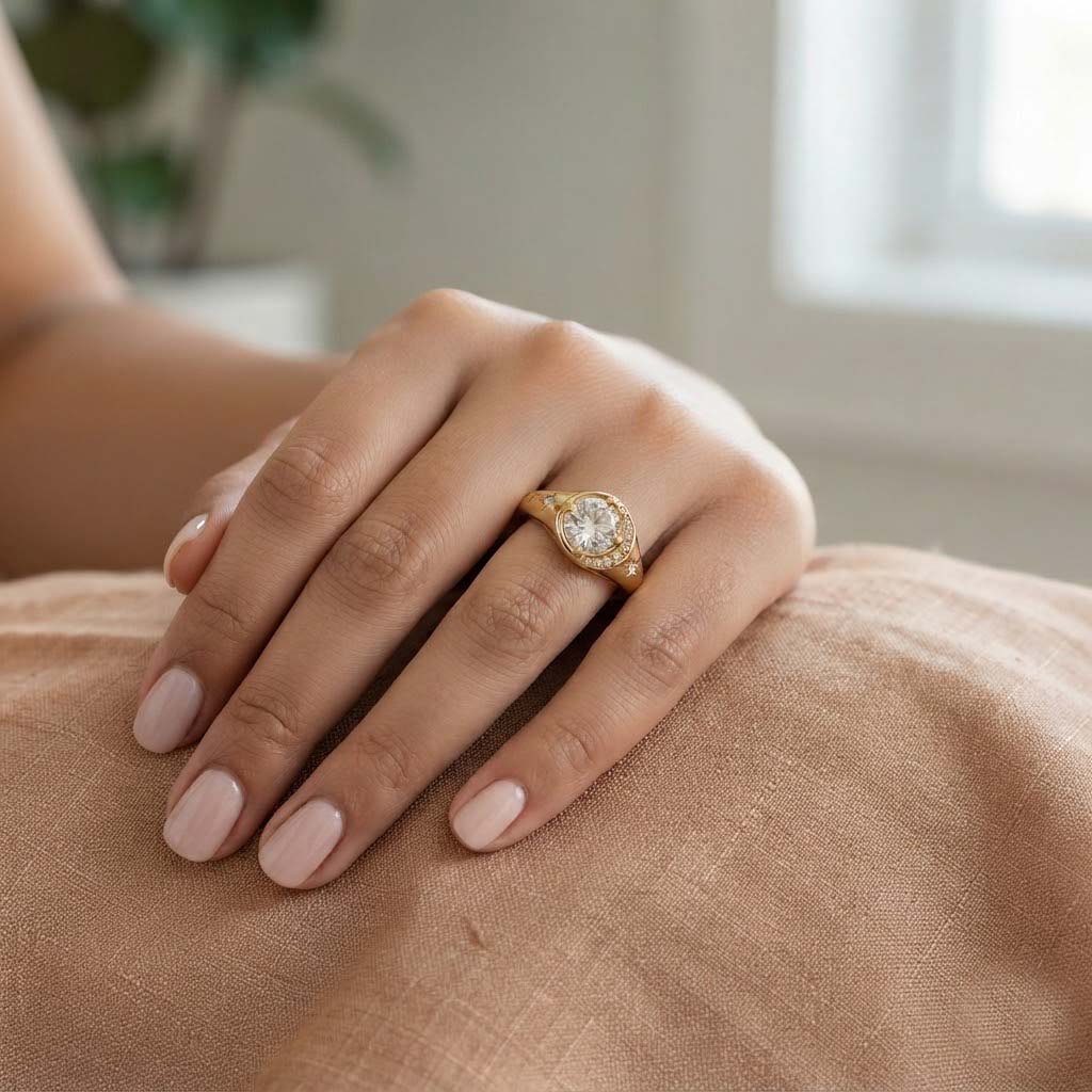 Elegant Gold Halo Ring with Round-Cut Sparkling Center Stone Luxury Gold Halo Ring with Starburst Details