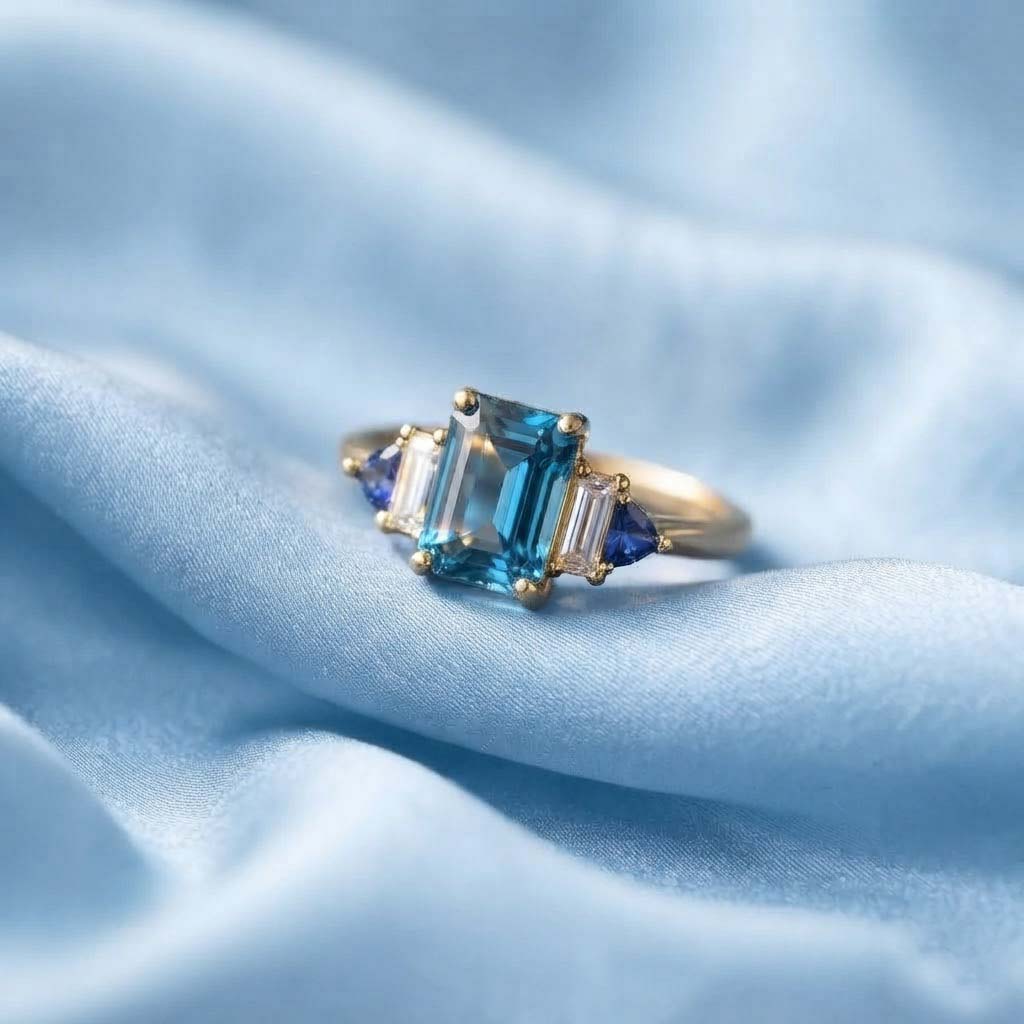 Elegant Teal Blue Emerald-Cut Ring with Gold Band and Side Stones