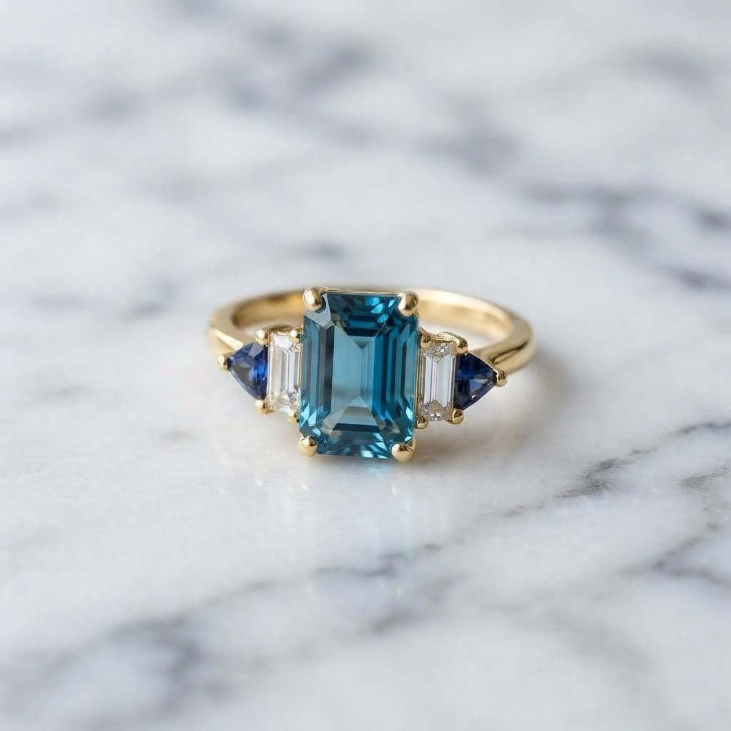 Elegant Teal Blue Emerald-Cut Ring with Gold Band and Side Stones