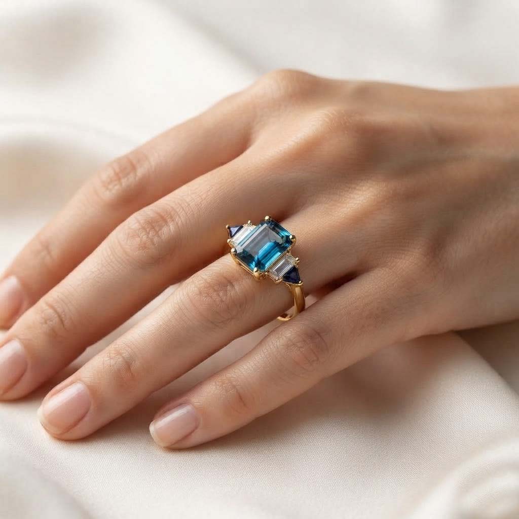 Elegant Teal Blue Emerald-Cut Ring with Gold Band and Side Stones