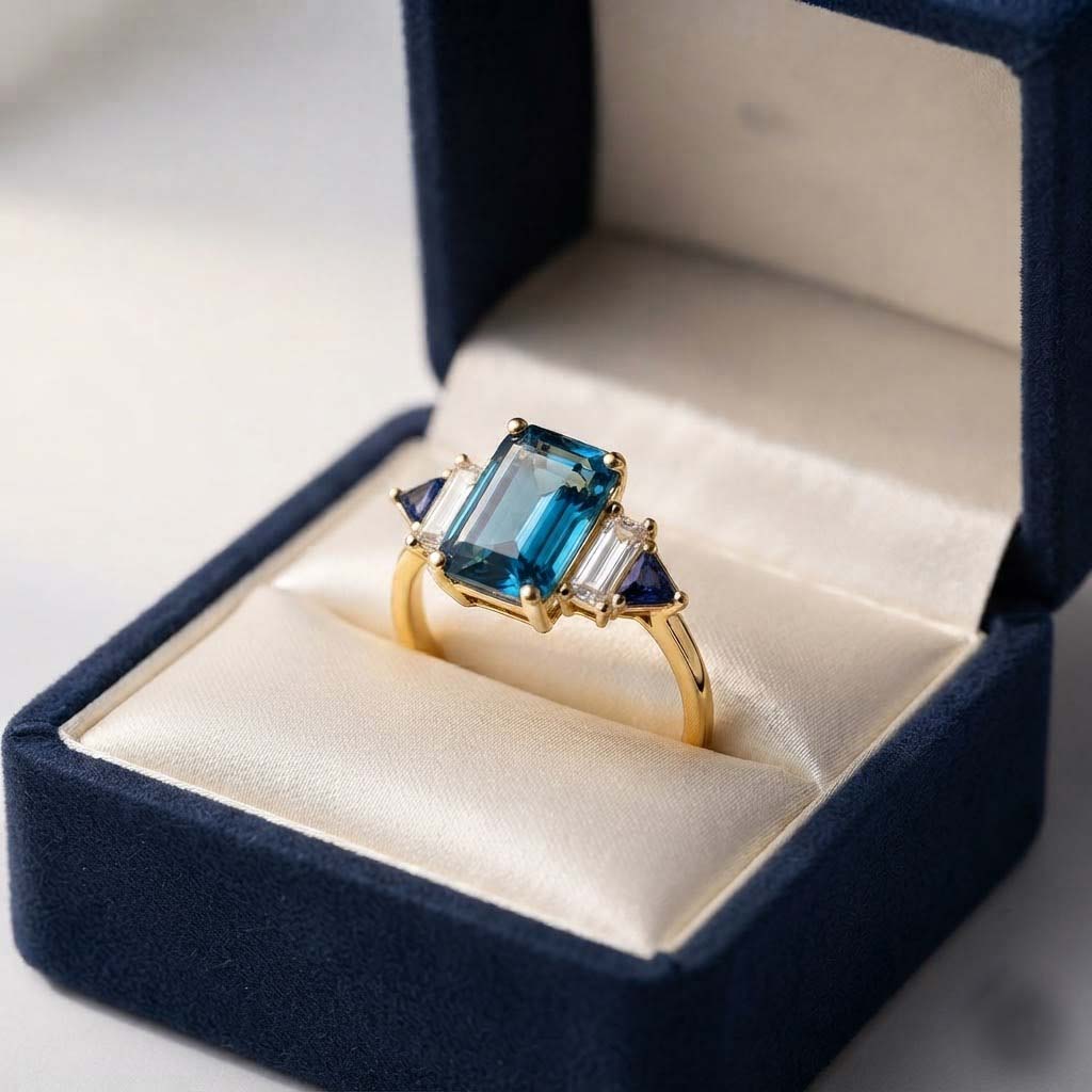 Elegant Teal Blue Emerald-Cut Ring with Gold Band and Side Stones