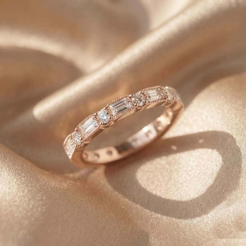 Rose Gold Eternity Band Ring with Alternating Baguette and Round Stones