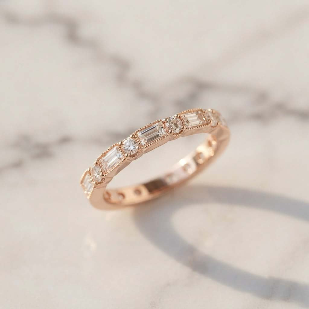 Rose Gold Eternity Band Ring with Alternating Baguette and Round Stones