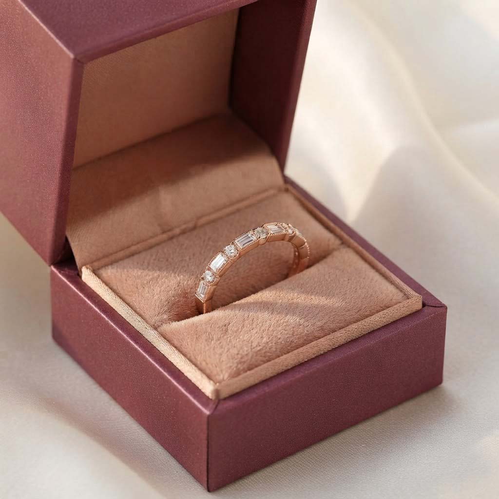 Rose Gold Eternity Band Ring with Alternating Baguette and Round Stones