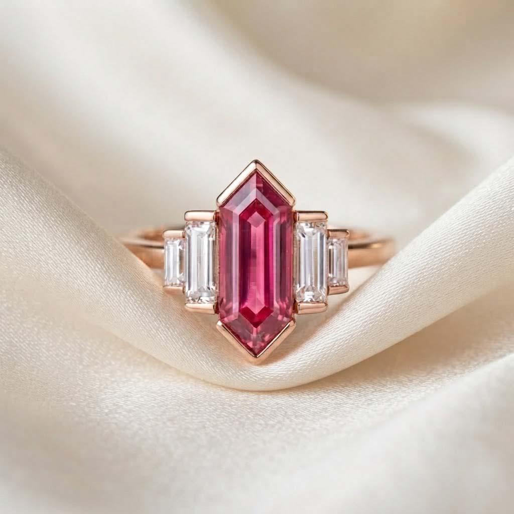 Elegant Pink Tourmaline Style Ring with Baguette White Stones in Rose Gold