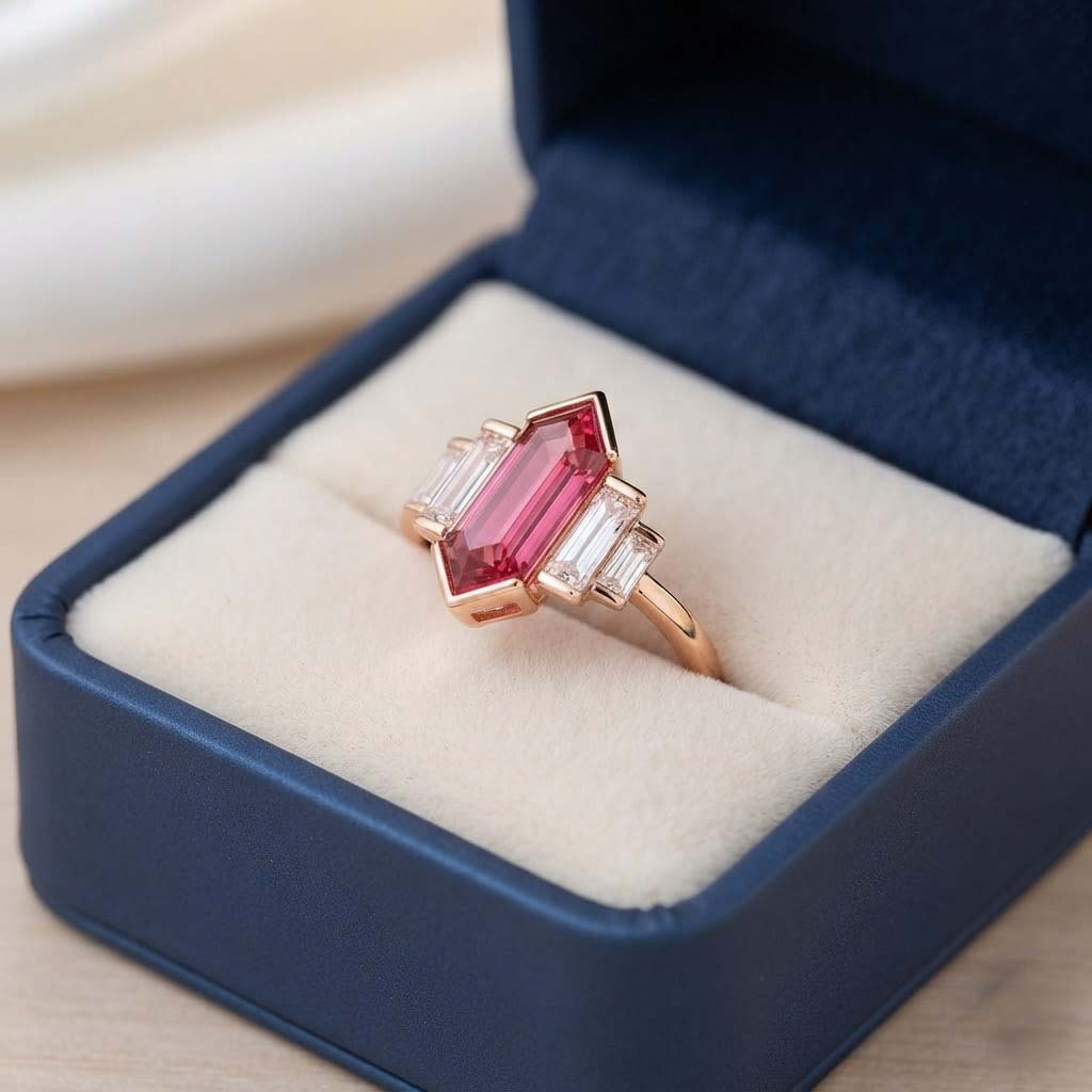 Elegant Pink Tourmaline Style Ring with Baguette White Stones in Rose Gold