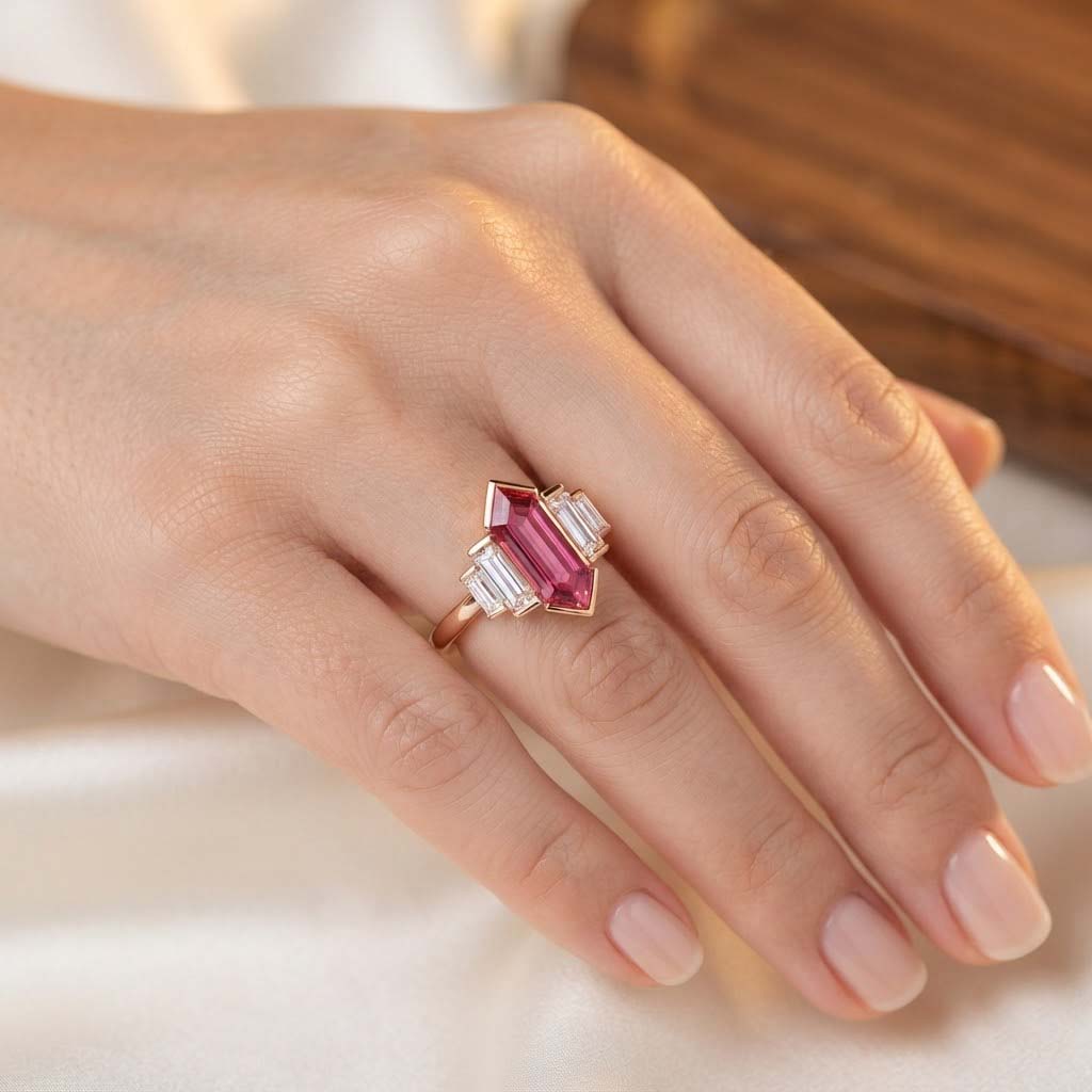 Elegant Pink Tourmaline Style Ring with Baguette White Stones in Rose Gold