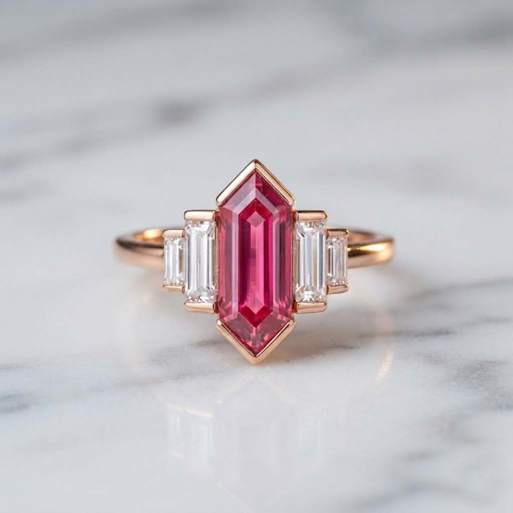 Elegant Pink Tourmaline Style Ring with Baguette White Stones in Rose Gold