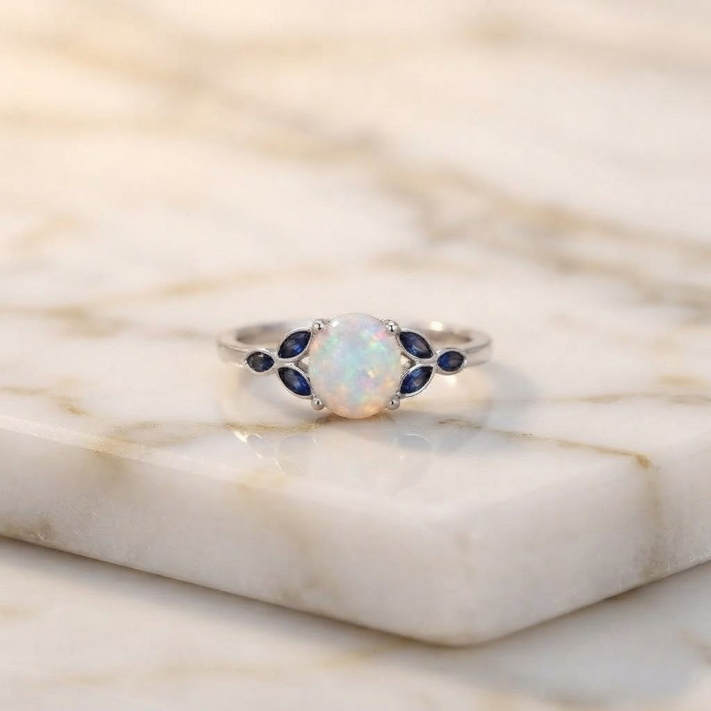 Blue Sapphire & Opal Elegant Floral Ring Natural Opal & Blue Sapphire Sterling Silver Floral Ring