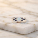 Blue Sapphire & Opal Elegant Floral Ring Natural Opal & Blue Sapphire Sterling Silver Floral Ring