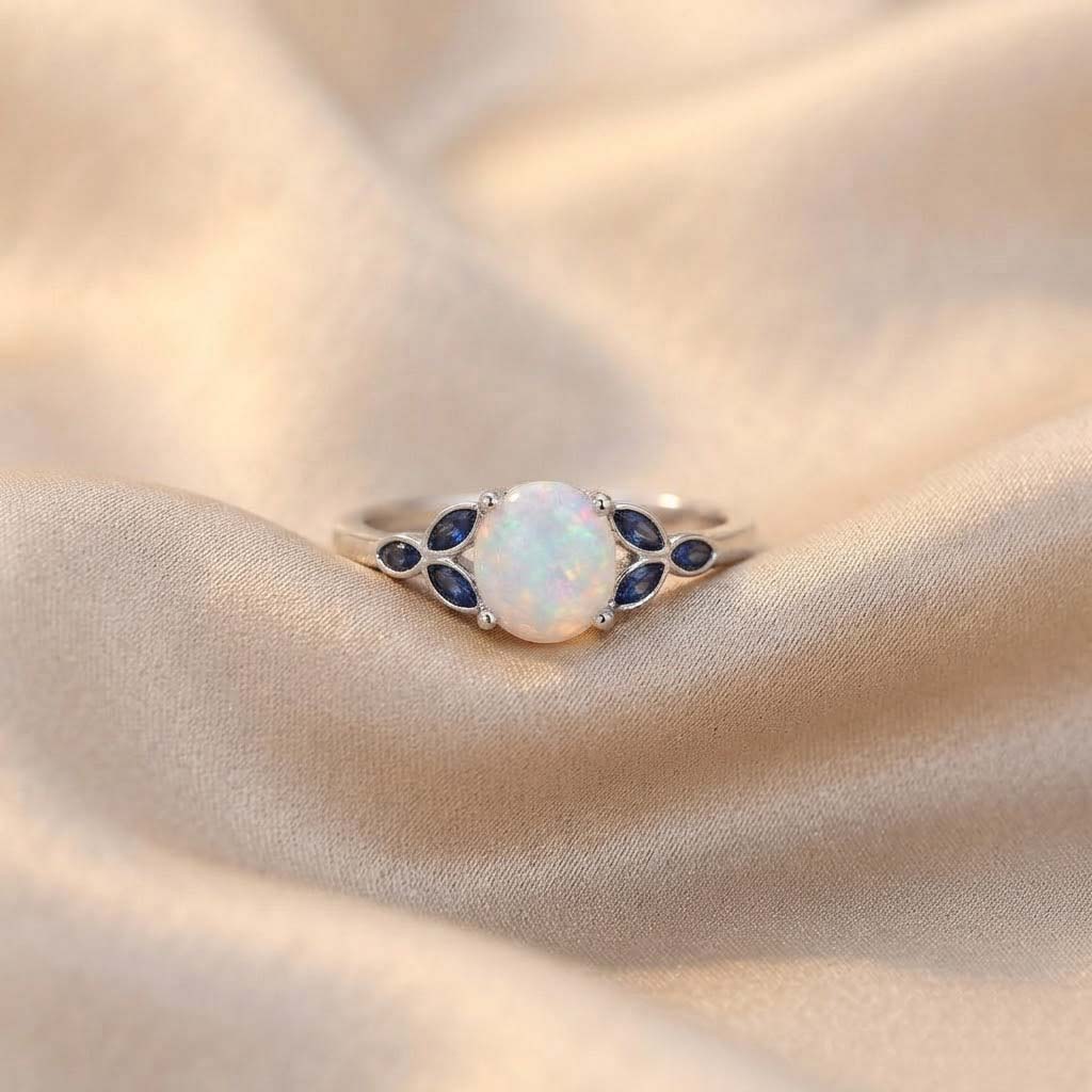 Blue Sapphire & Opal Elegant Floral Ring Natural Opal & Blue Sapphire Sterling Silver Floral Ring