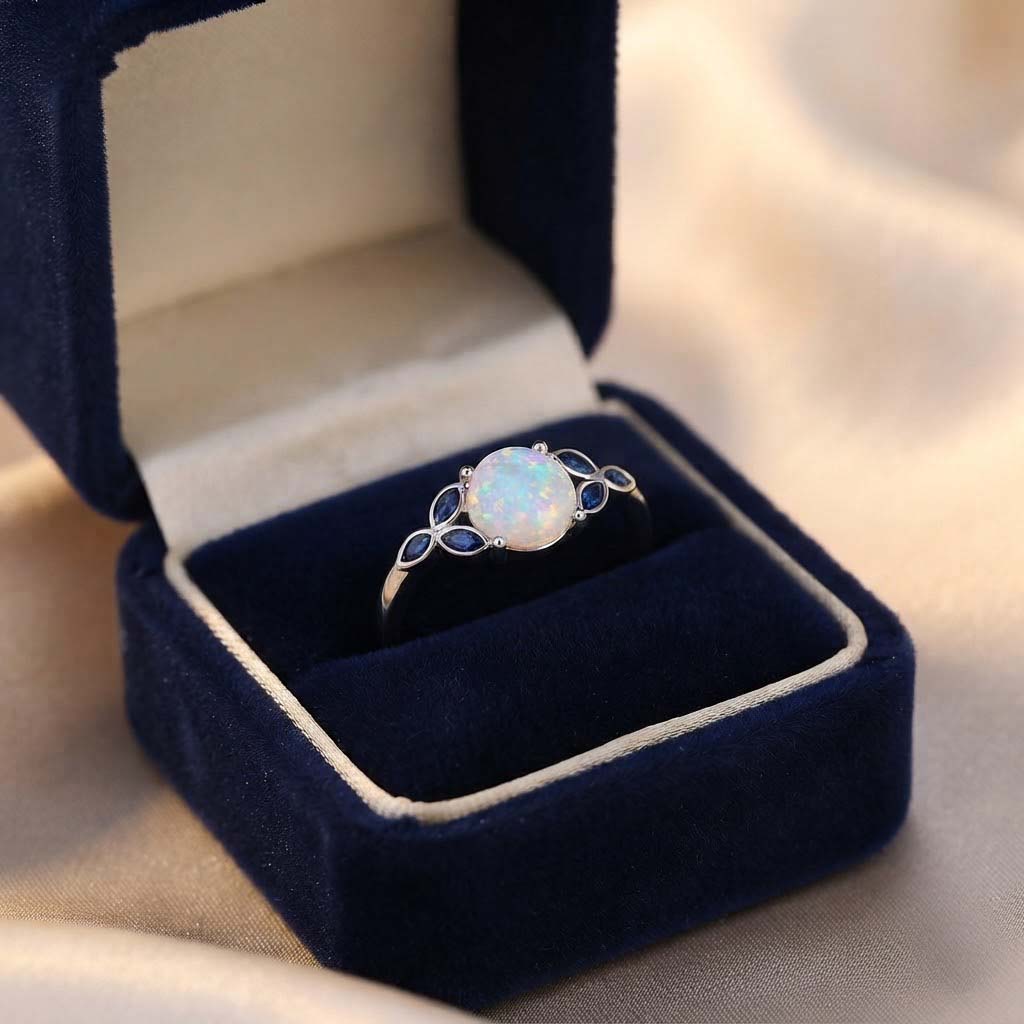 Blue Sapphire & Opal Elegant Floral Ring Natural Opal & Blue Sapphire Sterling Silver Floral Ring