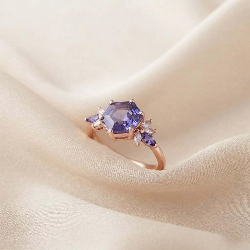 Elegant Blue Hexagon Gemstone Ring Royal Blue Statement Ring Blue Crystal Floral Rose Gold Ring