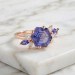 Elegant Blue Hexagon Gemstone Ring Royal Blue Statement Ring Blue Crystal Floral Rose Gold Ring