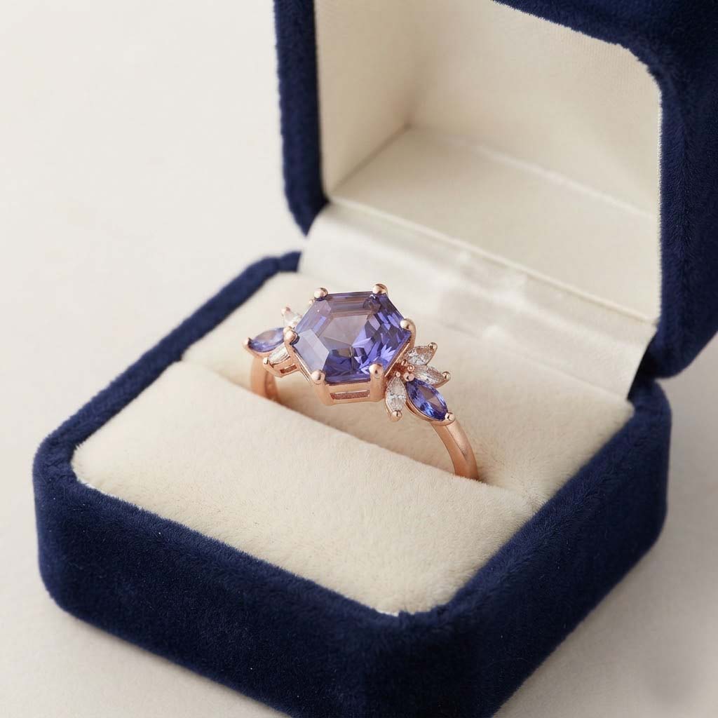Elegant Blue Hexagon Gemstone Ring Royal Blue Statement Ring Blue Crystal Floral Rose Gold Ring