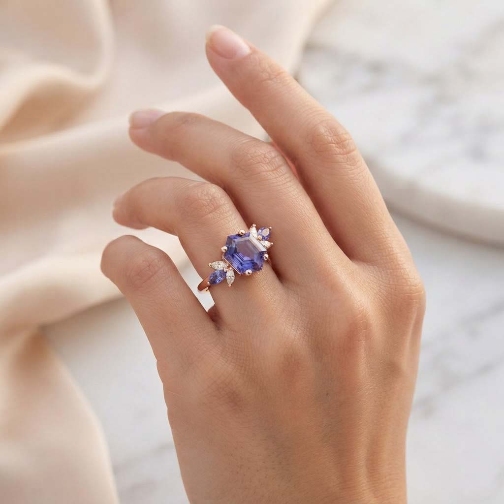 Elegant Blue Hexagon Gemstone Ring Royal Blue Statement Ring Blue Crystal Floral Rose Gold Ring
