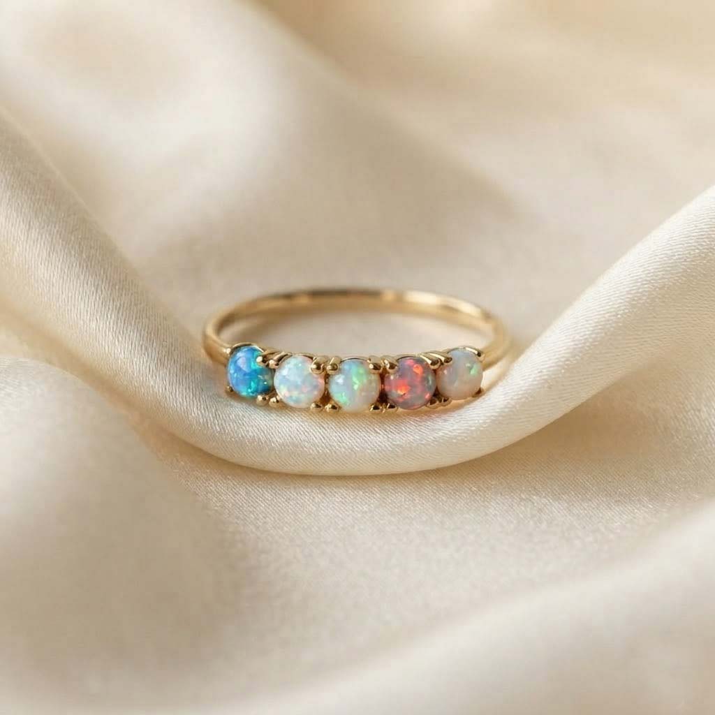 Opal Beaded Gold Band Ring Elegant Multicolor Opal Gold Ring