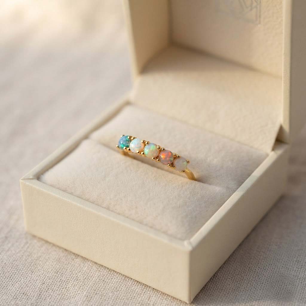 Opal Beaded Gold Band Ring Elegant Multicolor Opal Gold Ring