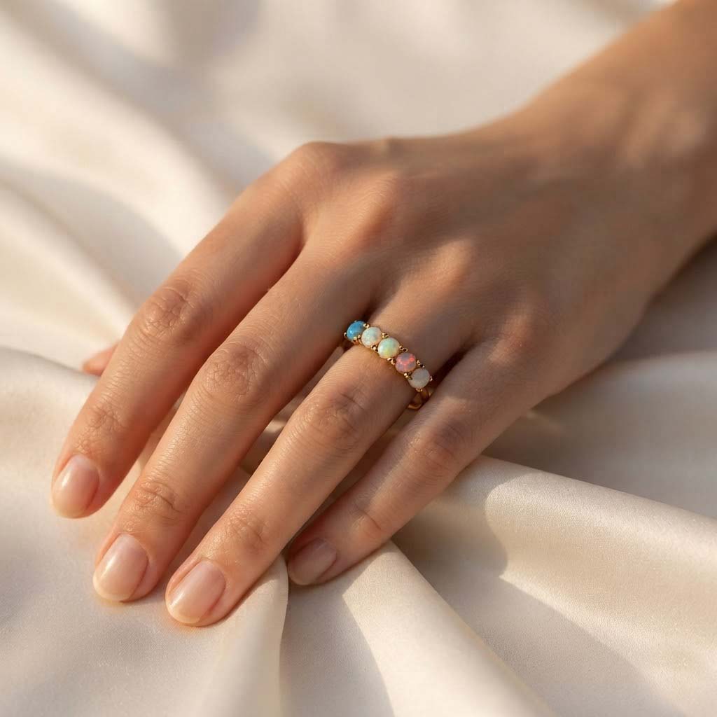Opal Beaded Gold Band Ring Elegant Multicolor Opal Gold Ring