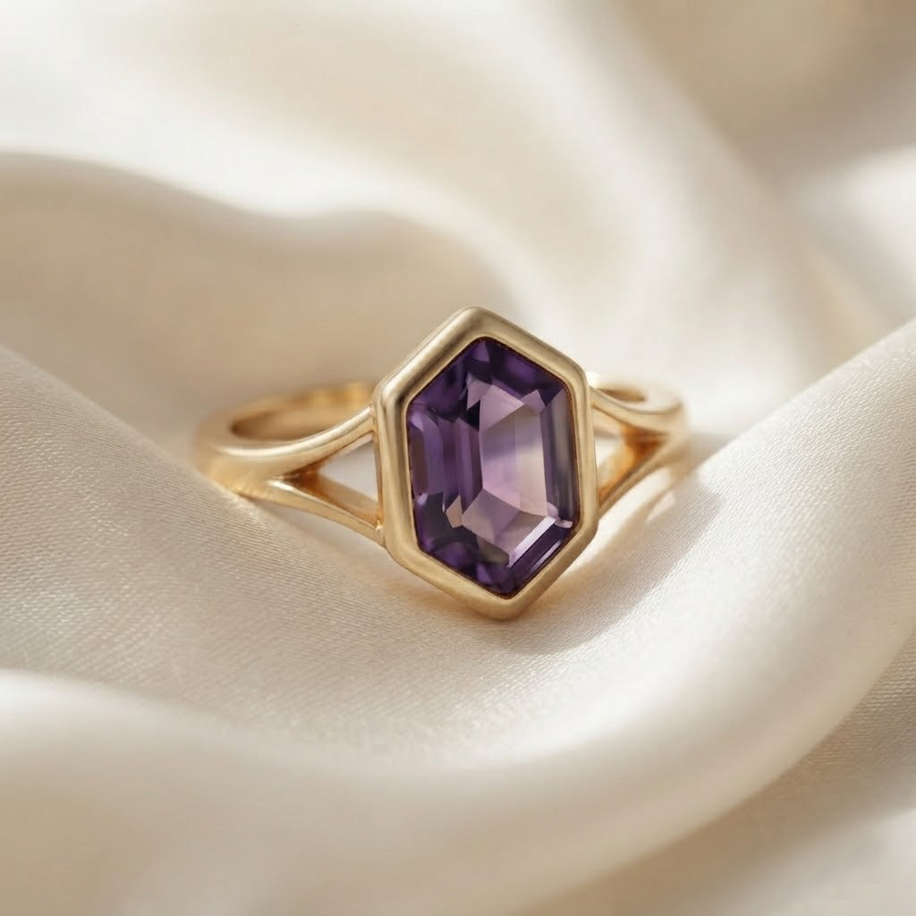 Natural Amethyst Gemstone Gold-Plated Sterling Silver Statement Ring