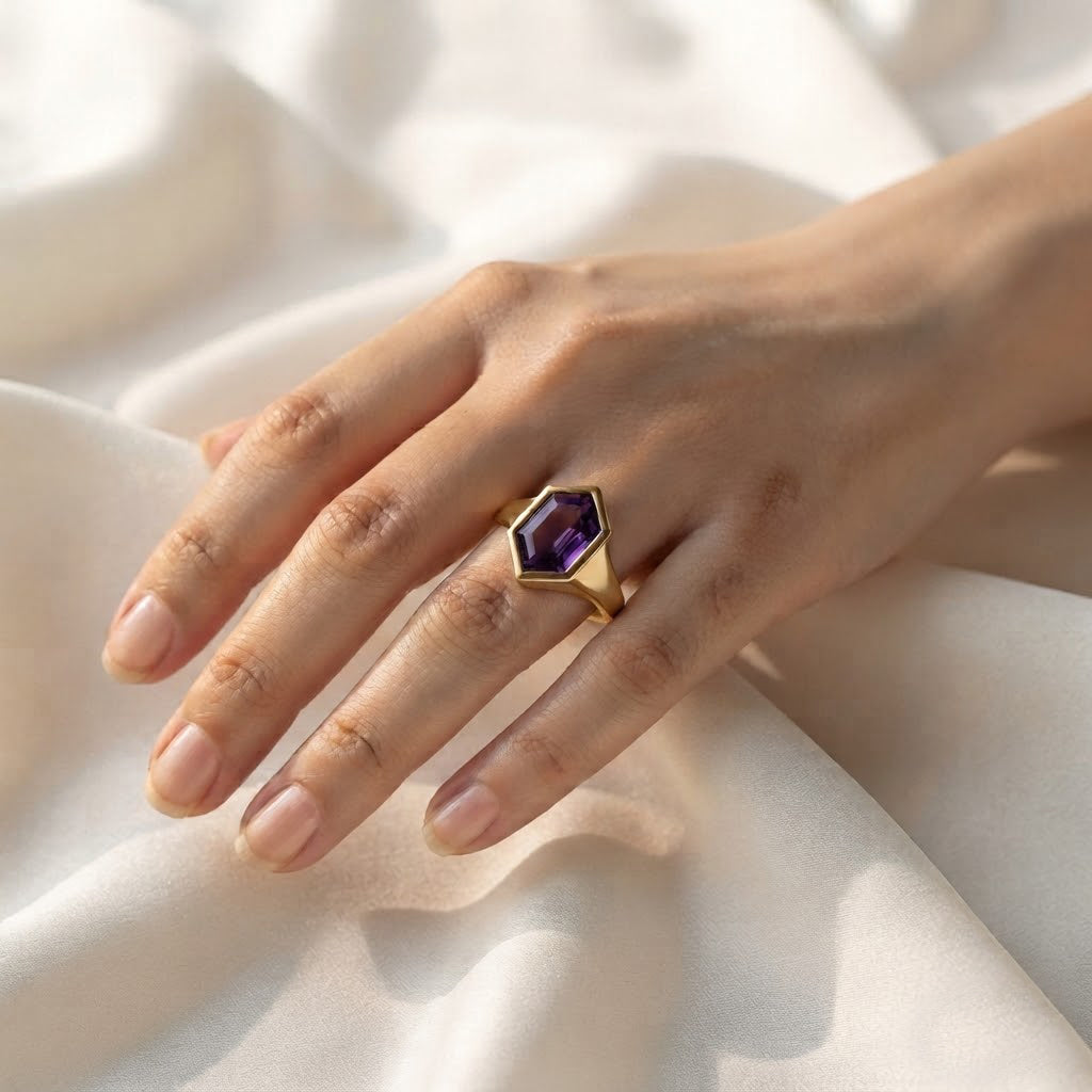 Natural Amethyst Gemstone Gold-Plated Sterling Silver Statement Ring