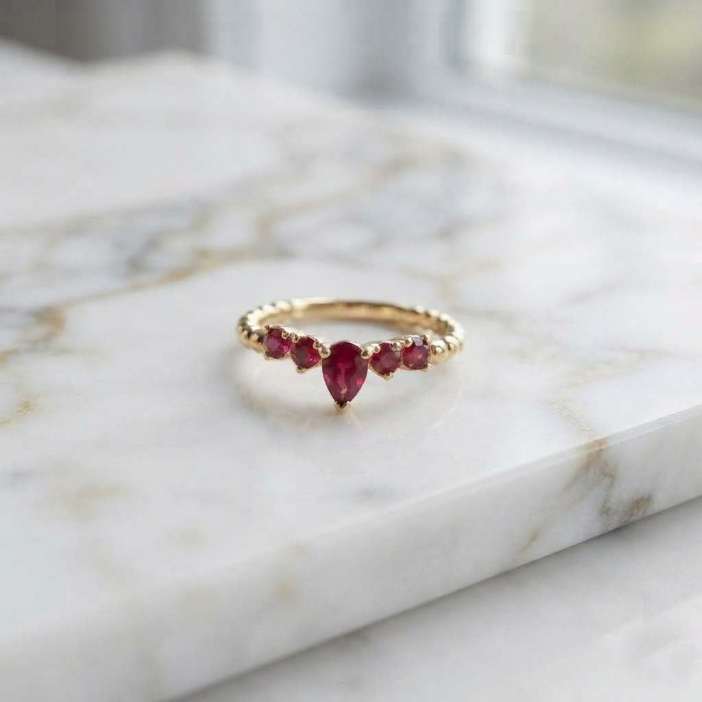 Elegant Ruby Pear Cut Gold Ring Ruby Teardrop Halo Gold Ring Romantic Red Gemstone Statement Ring