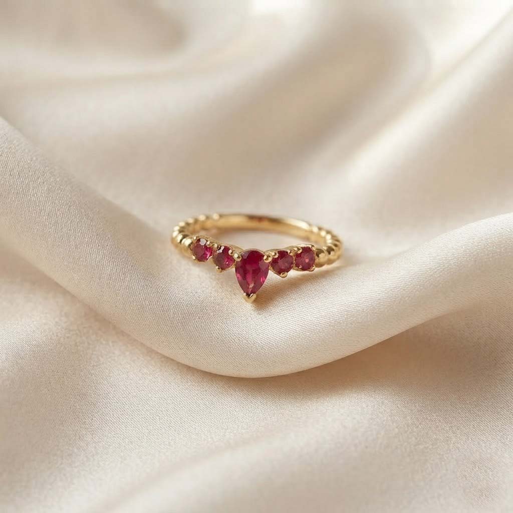 Elegant Ruby Pear Cut Gold Ring Ruby Teardrop Halo Gold Ring Romantic Red Gemstone Statement Ring
