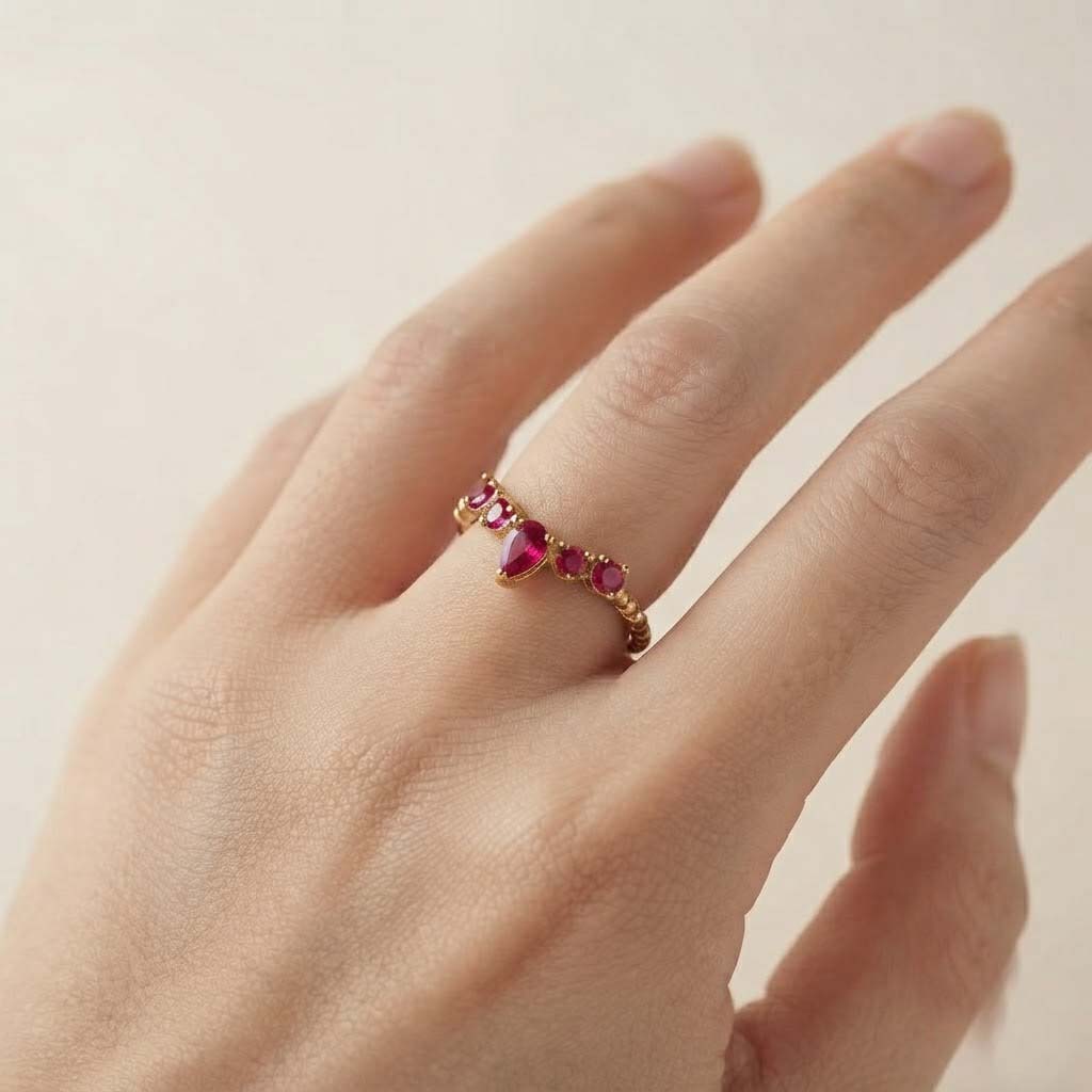 Elegant Ruby Pear Cut Gold Ring Ruby Teardrop Halo Gold Ring Romantic Red Gemstone Statement Ring