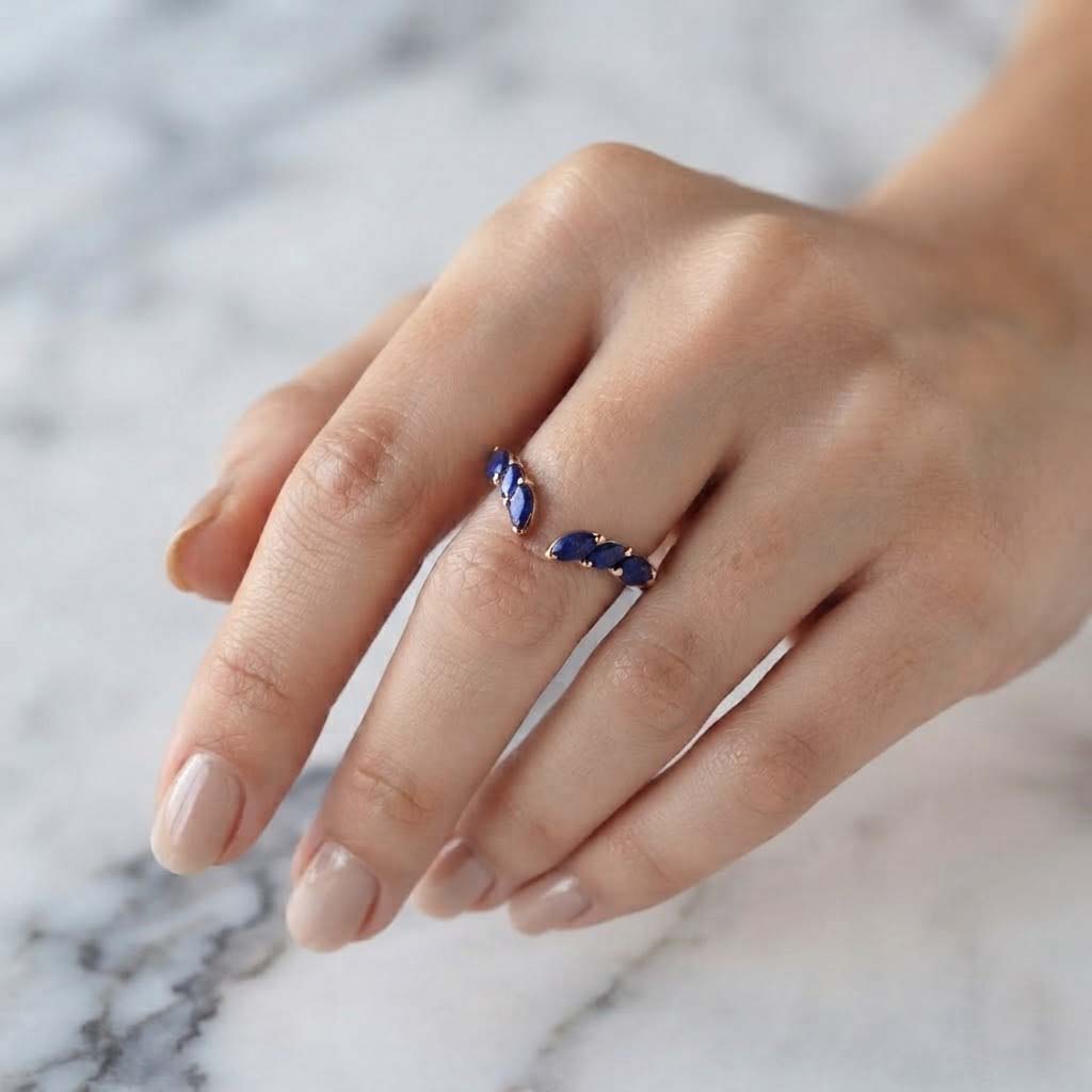 Elegant Blue Gemstone Open Ring – Rose Gold Minimalist Jewelry