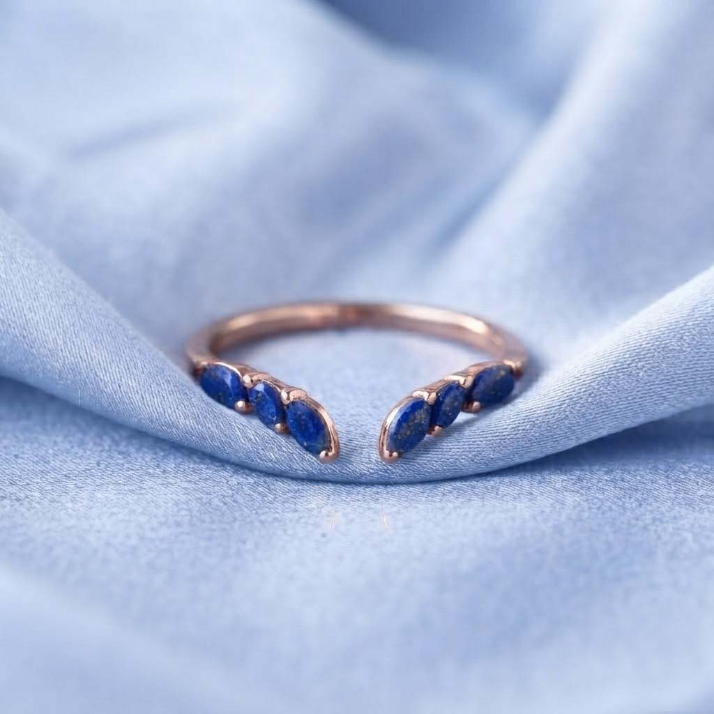 Elegant Blue Gemstone Open Ring – Rose Gold Minimalist Jewelry