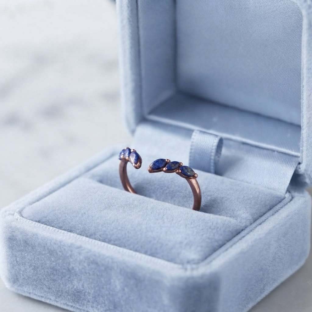 Elegant Blue Gemstone Open Ring – Rose Gold Minimalist Jewelry