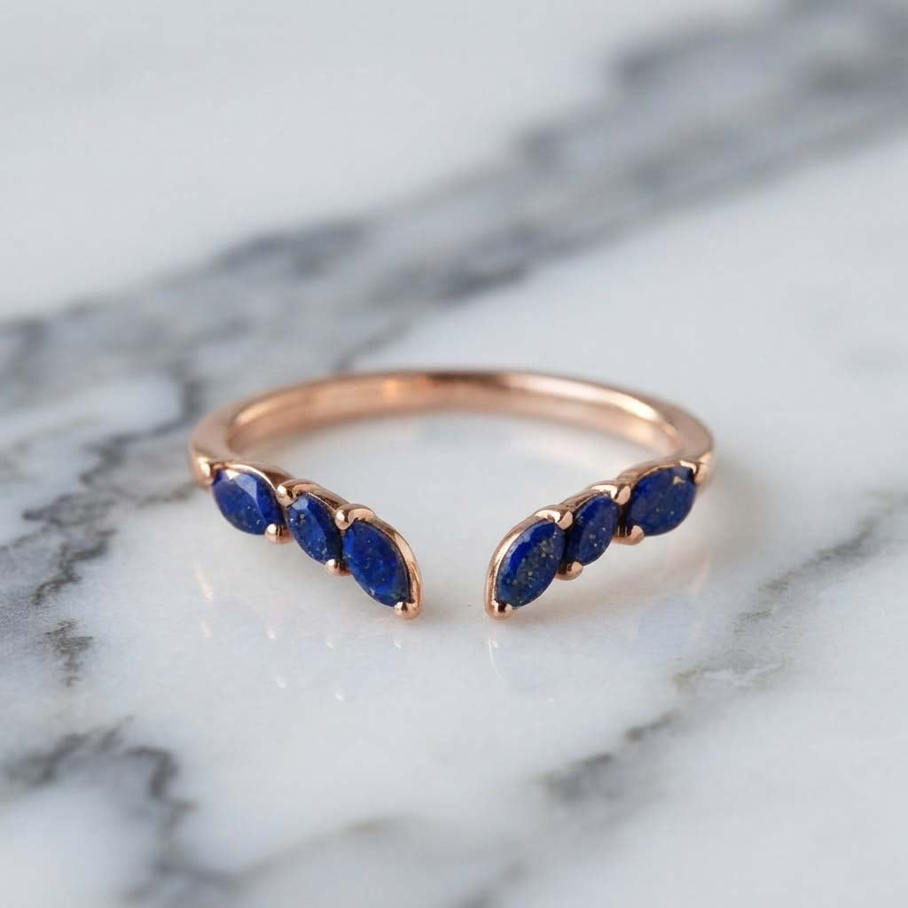 Elegant Blue Gemstone Open Ring – Rose Gold Minimalist Jewelry